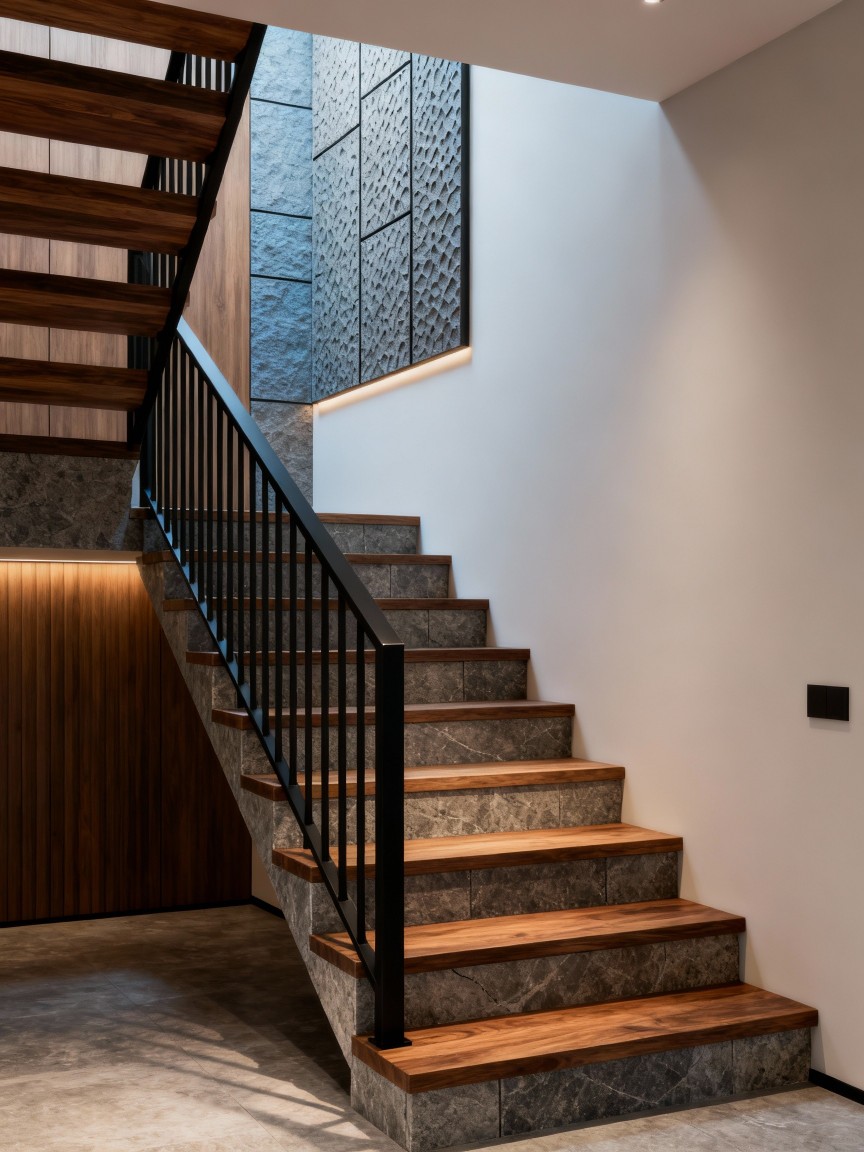 玻璃栏杆、木扶手与金属栏杆搭配示意