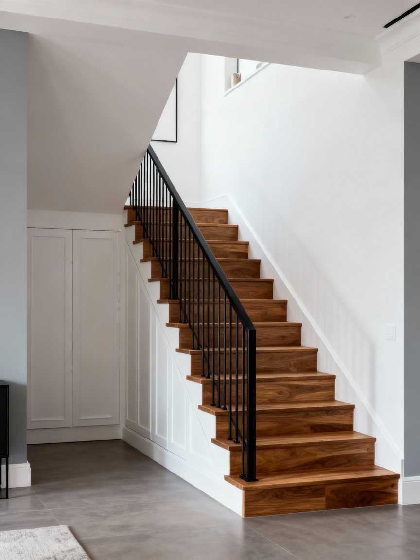 直跑楼梯平立面与效果示意图